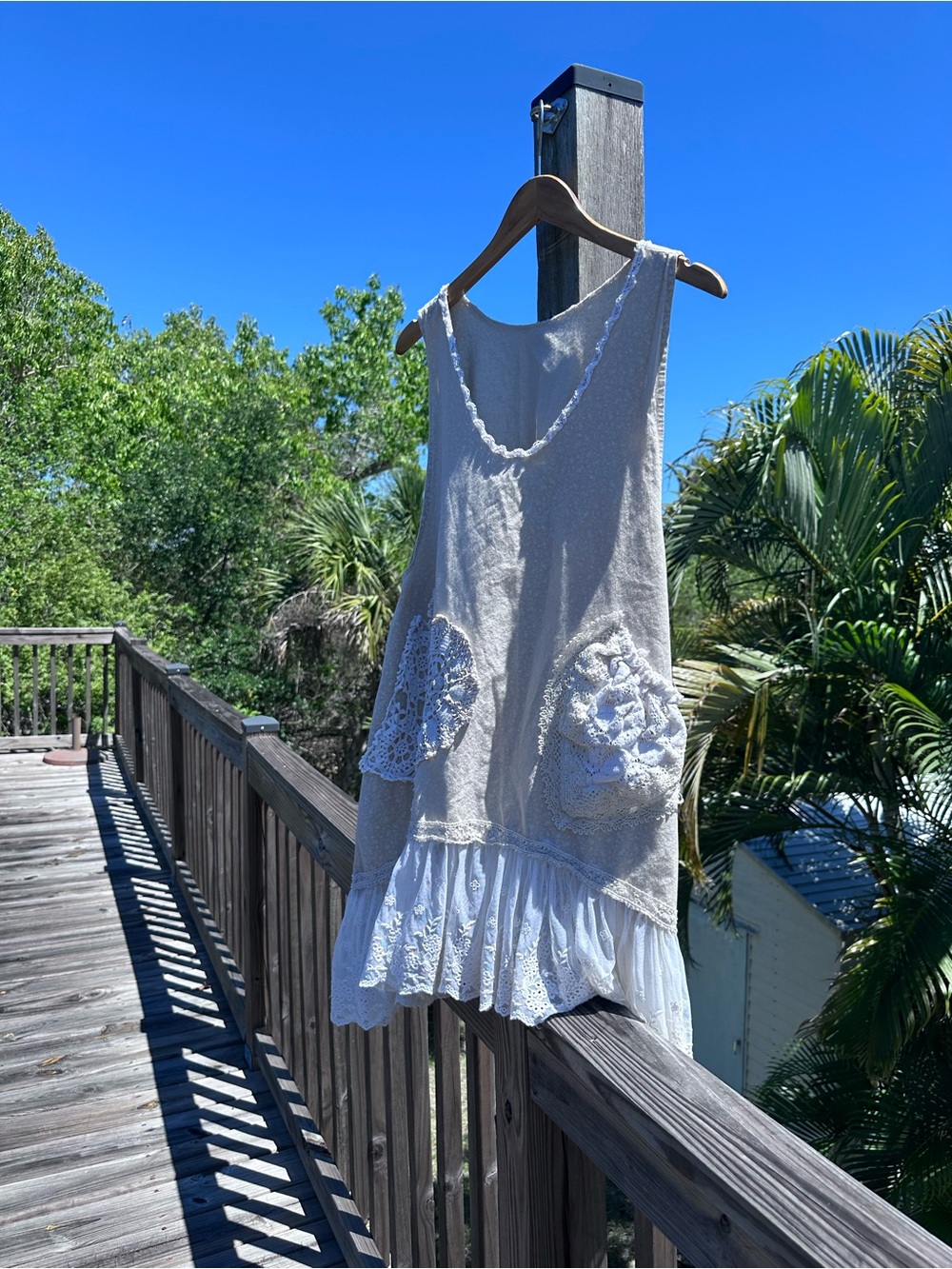 Handmade Sleeveless Crochet-Pocket Tunic Dress in Cream Size Large to XL